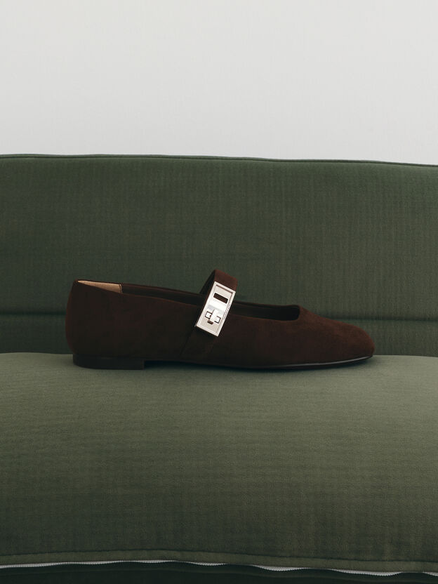 Lando Faux Suede Mary Jane Flats, Dark Brown Textured, hi-res