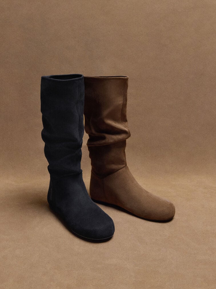 Faux Suede Ruched Knee-High Boots, Black Textured, hi-res
