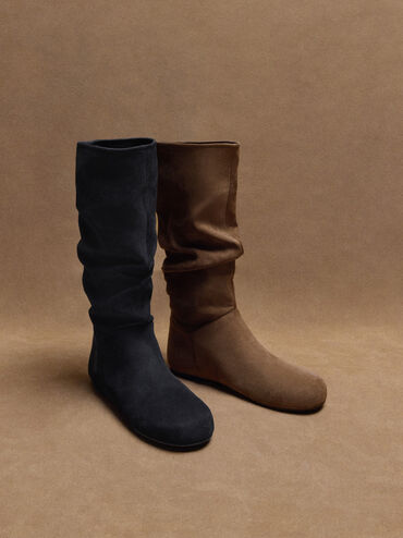 Faux Suede Ruched Knee-High Boots, Black Textured, hi-res