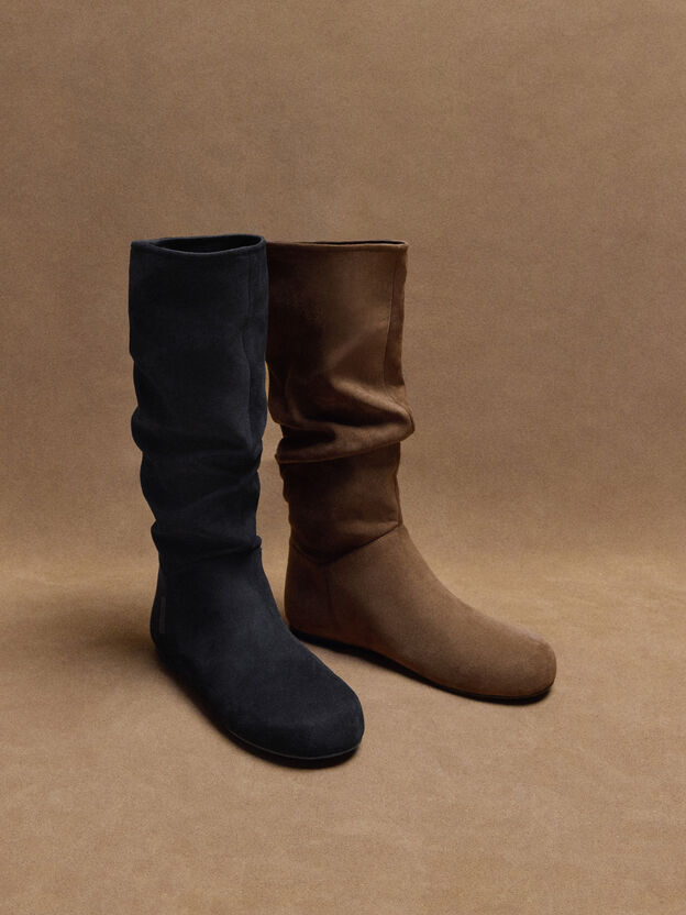 Faux Suede Ruched Knee-High Boots, Black Textured, hi-res