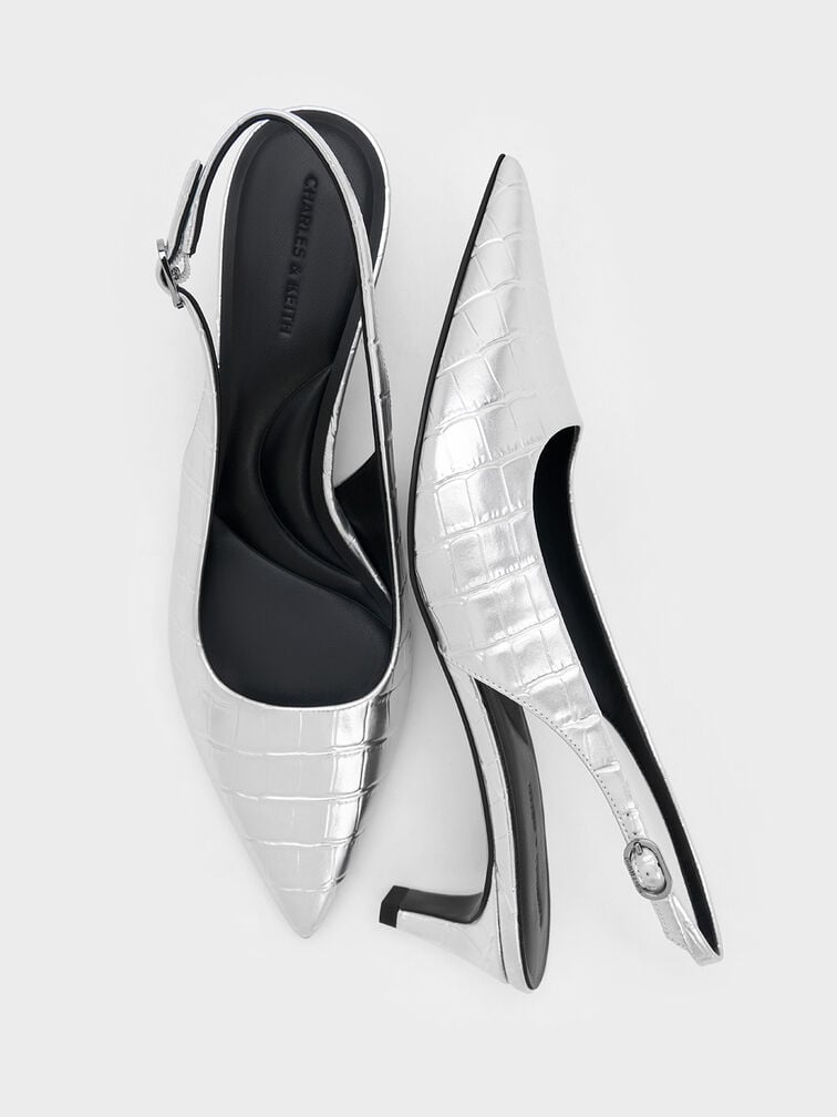 Croc-Effect Pointed-Toe Kitten-Heel Slingback Pumps, Animal Print Silver, hi-res