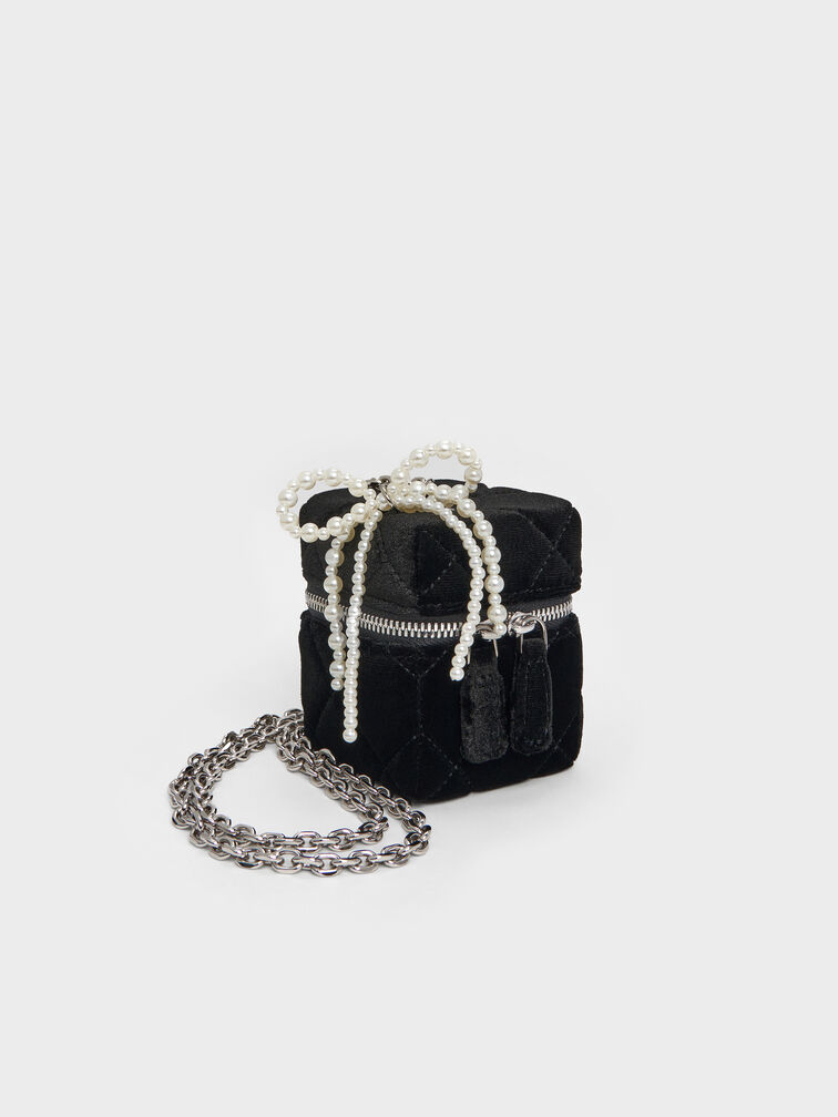 Janie Velvet Quilted Pearl-Bow Micro Bag, Noir, hi-res