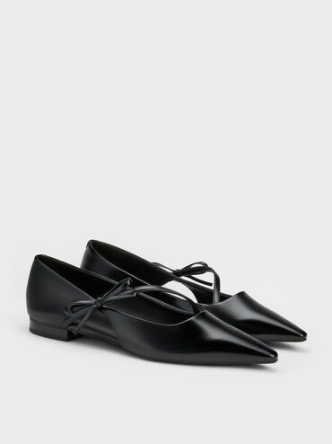 Pointed-Toe Bow-Strap Flats, Black, hi-res