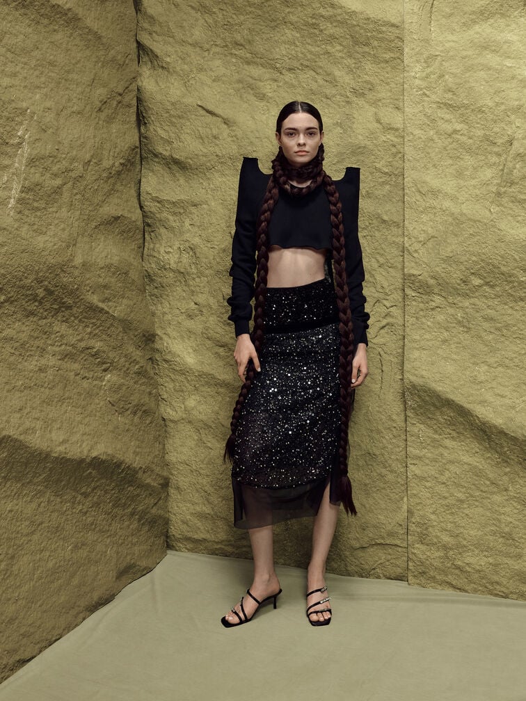 Jessy Gem-Bow Heeled Sandals, Black Textured, hi-res