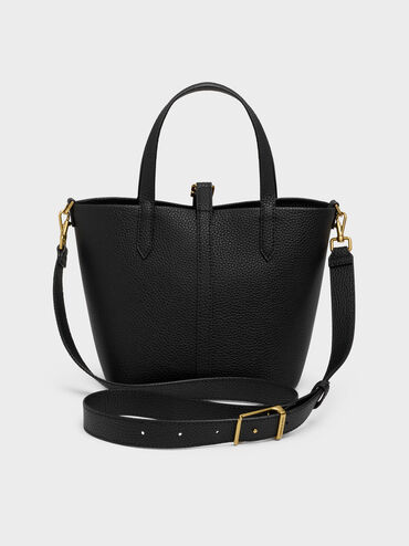 Beryl Recycled Leather Double-Handle Belted Bucket Bag, Black, hi-res