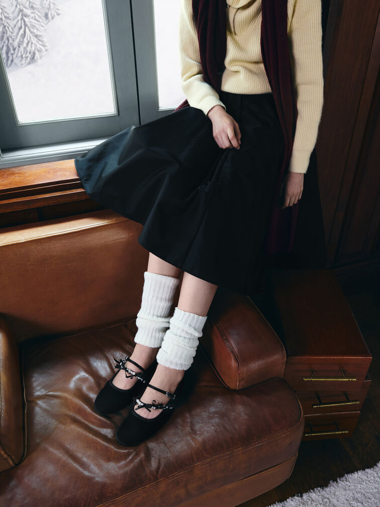 Noelie Velvet & Satin Pearl-Bow Mary Janes, Black Textured, hi-res