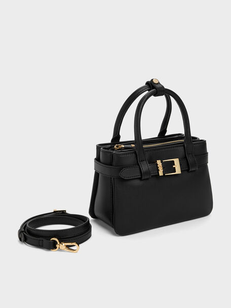 Jody Leather Belted Tote Bag, Black, hi-res