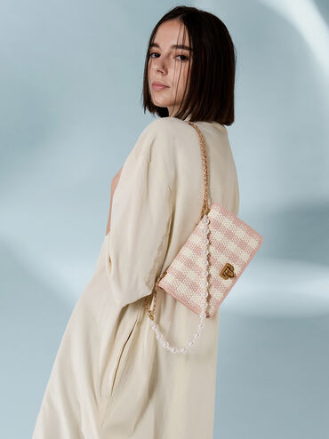 Alessia Checkered Pearl-Embellished Wallet on Chain, Light Pink, hi-res