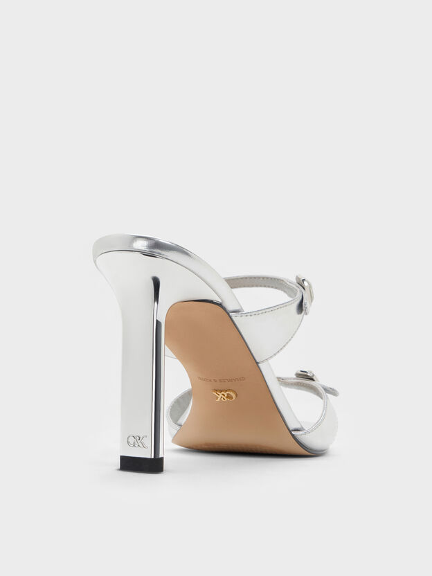 Metallic Leather Gem-Buckle Double-Strap Heeled Sandals, Silver, hi-res