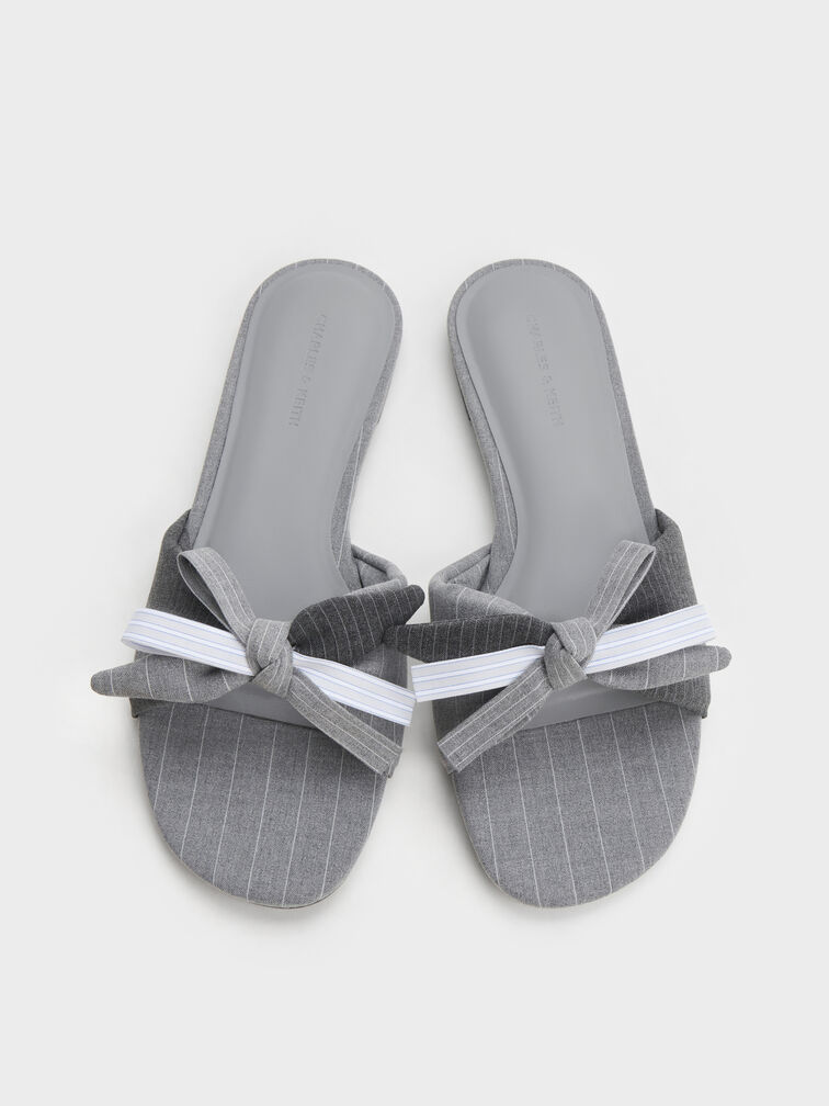 Striped Bow Slide Sandals, Grey, hi-res