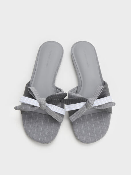 Striped Bow Slide Sandals, Grey, hi-res