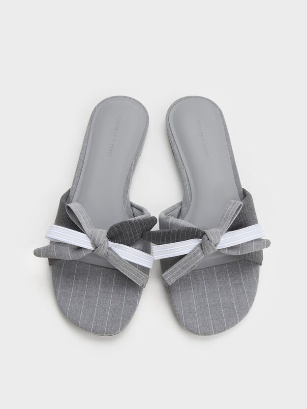 Striped Bow Slide Sandals, Grey, hi-res