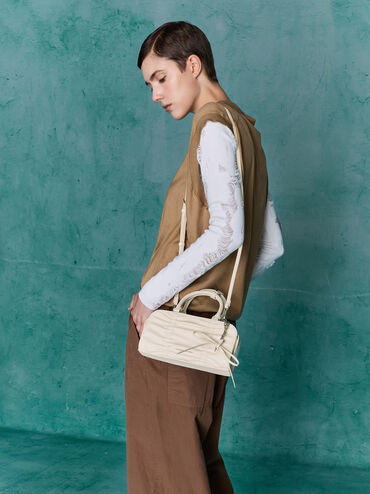 Kadee Ruched Bow-Charm Bowling Bag, Cream, hi-res