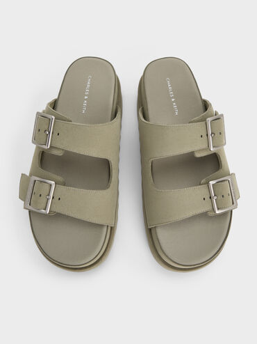Buckled Double-Strap Flatform Sandals, Sage Green, hi-res
