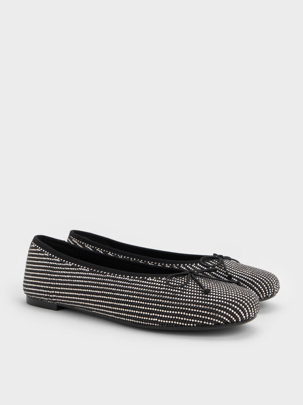 Satin Crystal Bow Ballet Flats, Black Textured, hi-res