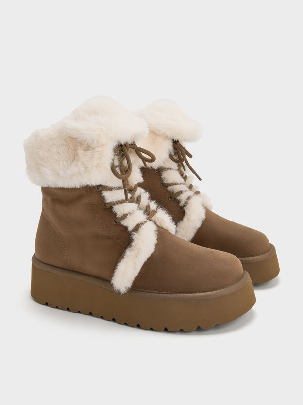 Faux Suede & Faux Fur Flatform Boots, Brown, hi-res