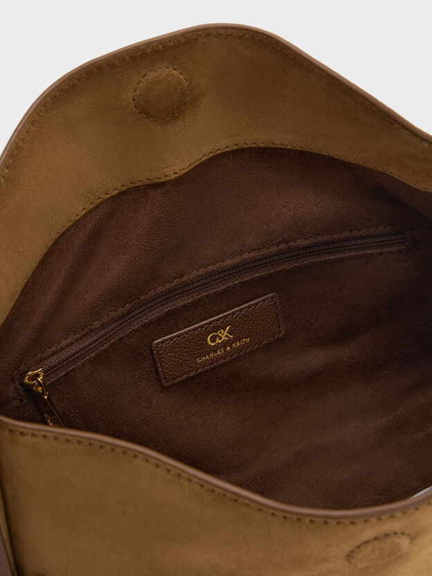 Leather & Suede Top-Flap Hobo Bag, Brown, hi-res