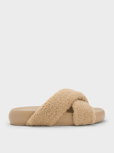 Lumi Faux Shearling Crossover-Strap Slide Sandals, Brown, hi-res