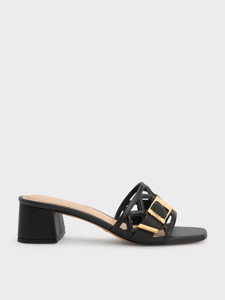 Whitney Leather Cut-Out Heeled Mules, Black, hi-res