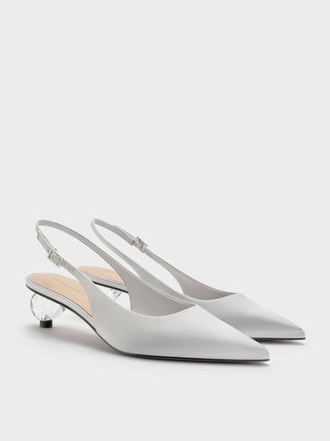 Satin Pointed-Toe Crystal-Heel Slingback Pumps, Silver, hi-res