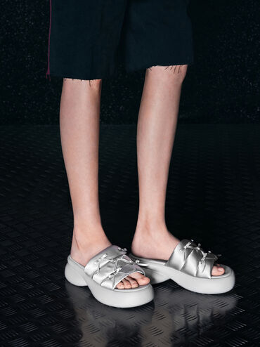 Recycled Polyester Bow Puffy Sports Sandals, Light Grey, hi-res