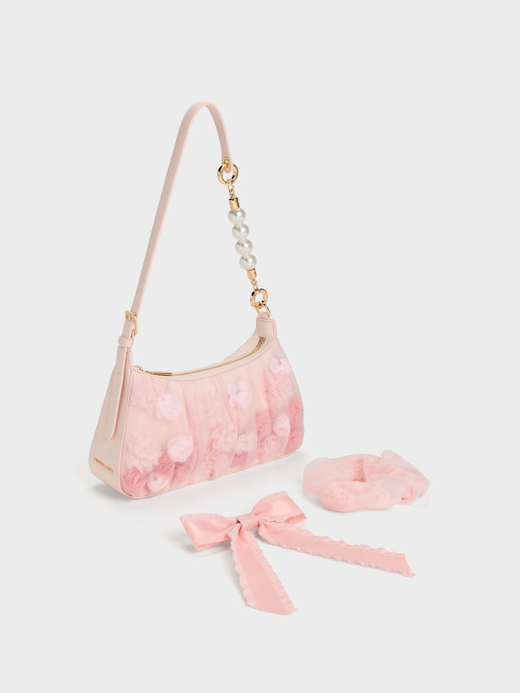Gift Set: Floral-Mesh Pearl-Strap Shoulder Bag, Light Pink, hi-res