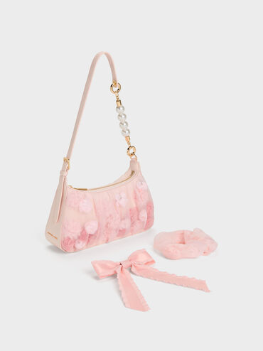 Gift Set: Floral-Mesh Pearl-Strap Shoulder Bag, Light Pink, hi-res