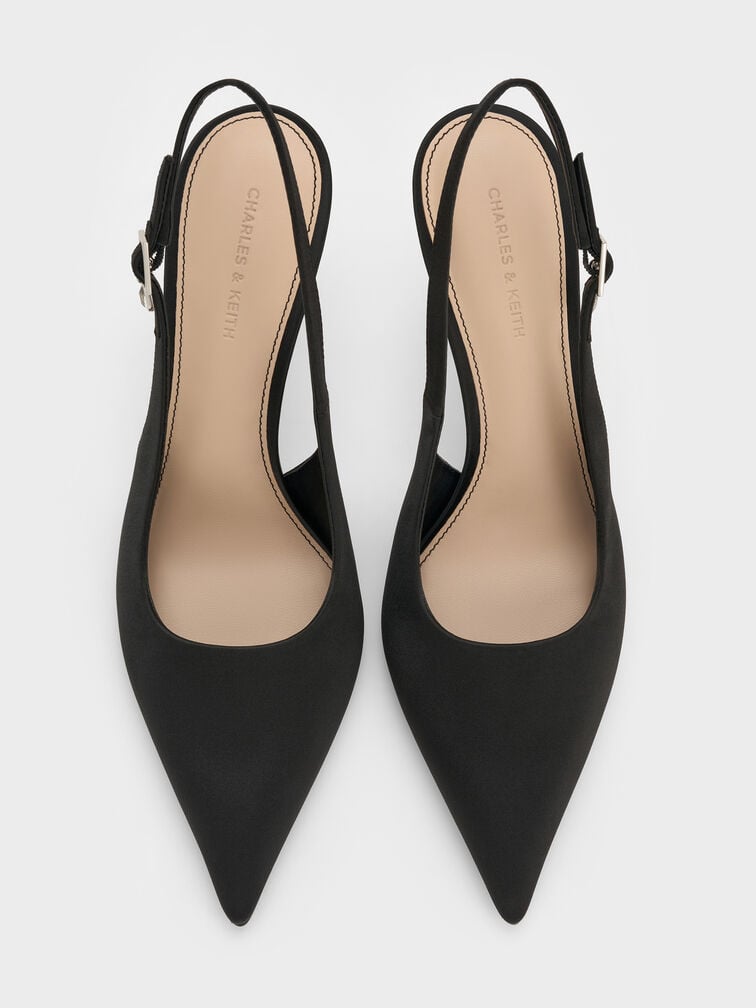 Satin Teardrop-Crystal Stiletto-Heel Slingback Pumps, Black Textured, hi-res