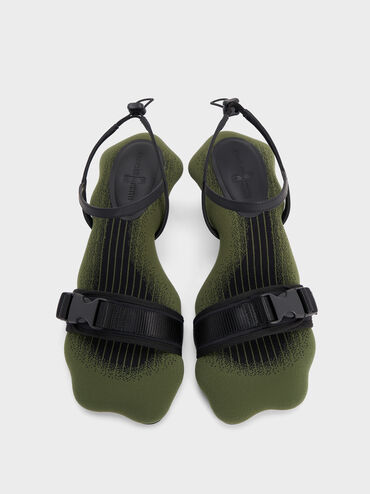 Nylon Wave-Edge Sculptural-Heel Sandals, Green, hi-res