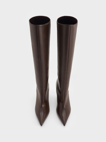 Pointed-Toe Stiletto-Heel Knee-High Boots, Dark Brown, hi-res