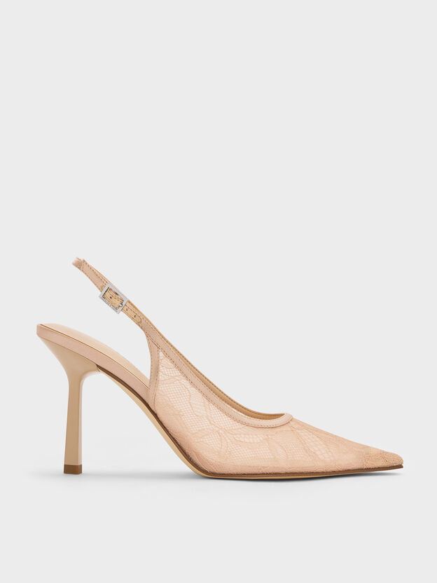 Lace & Satin Slingback Pumps, Nude, hi-res