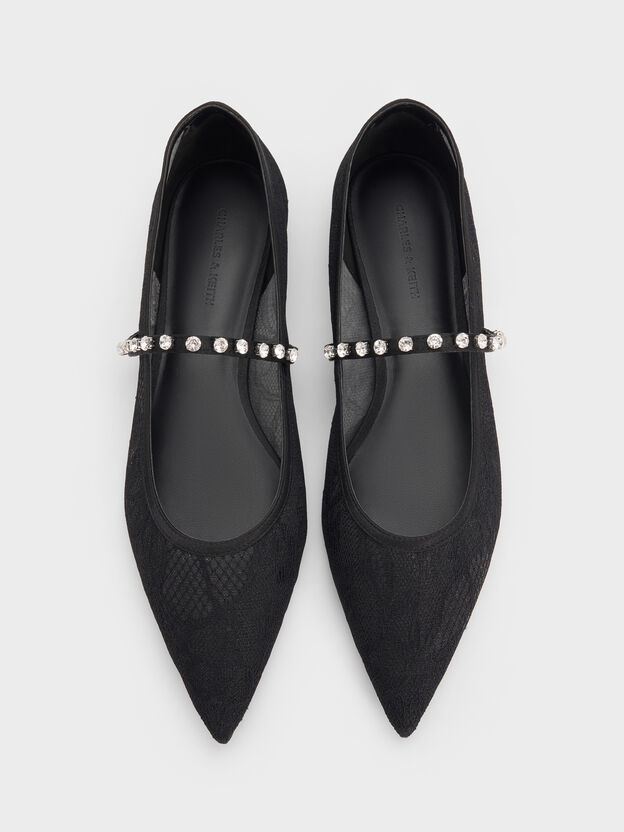 Lace & Satin Crystal Mary Jane Flats, Black Textured, hi-res