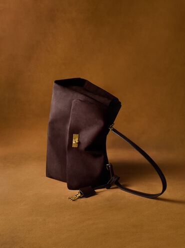 Kerry Recycled Suede Top Handle Satchel Bag, Espresso Brown, hi-res