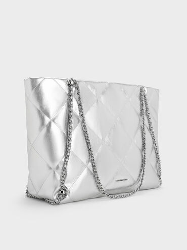 Apfra Metallic Quilted Chain-Embellished Tote Bag, Silver, hi-res