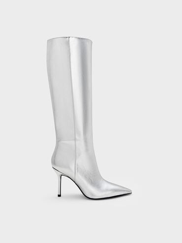 Metallic Pointed-Toe Stiletto-Heel Knee-High Boots, Silver, hi-res