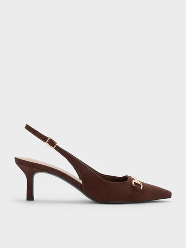 Leslie Faux Suede Metallic-Accent Slingback Pumps, Dark Brown Textured, hi-res