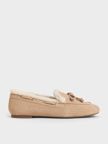 Gavyn Suede Shearling-Lined Boat Shoes, Beige, hi-res