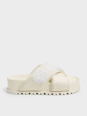 Satin Embroidered-Flower Crossover Sandals, Chalk, hi-res