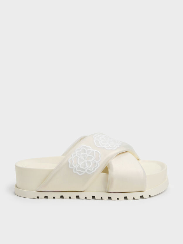 Satin Embroidered-Flower Crossover Sandals, Chalk, hi-res