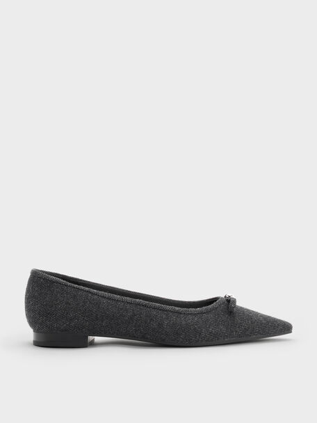 Felt Bow Pointed Ballet Flats, Dark Grey, hi-res
