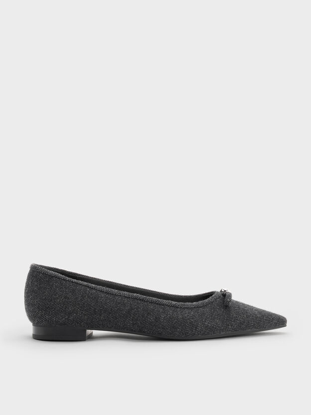 Felt Bow Pointed Ballet Flats, Dark Grey, hi-res