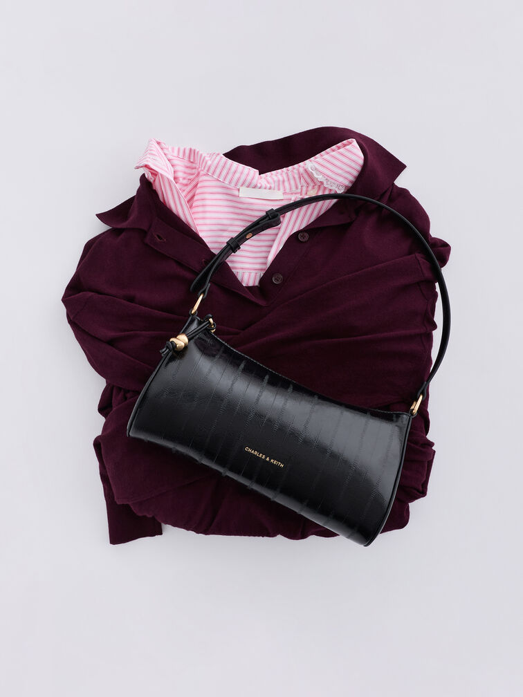 Augustine Eel-Effect Sculptural-Detail Shoulder Bag, Black, hi-res