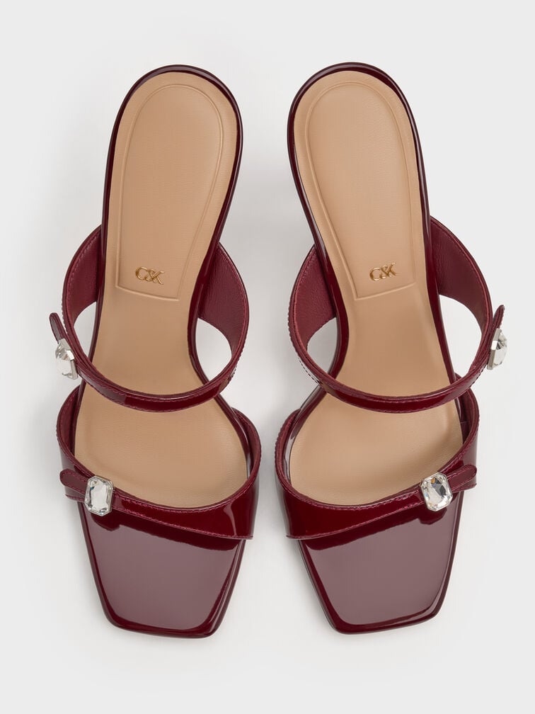 Patent Leather Gem-Buckle Double-Strap Heeled Sandals, Burgundy, hi-res