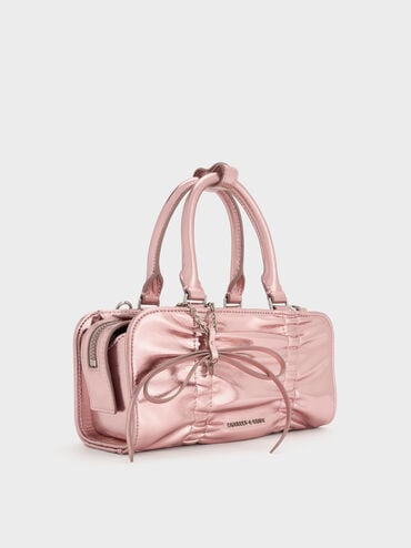 Kadee Metallic Ruched Bow-Charm Bowling Bag, Aura Pink, hi-res