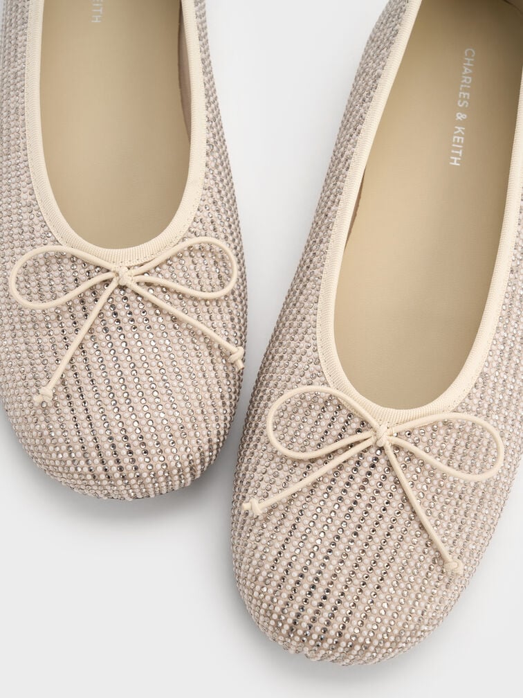 Satin Crystal-Embellished Bow Ballet Flats, Gold, hi-res