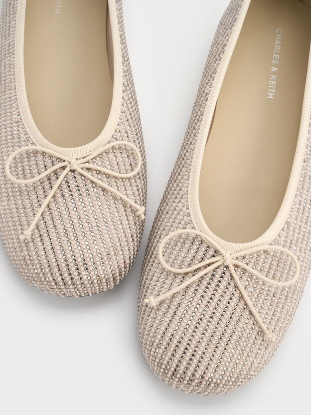 Satin Crystal-Pearl Bow Ballet Flats, Gold, hi-res