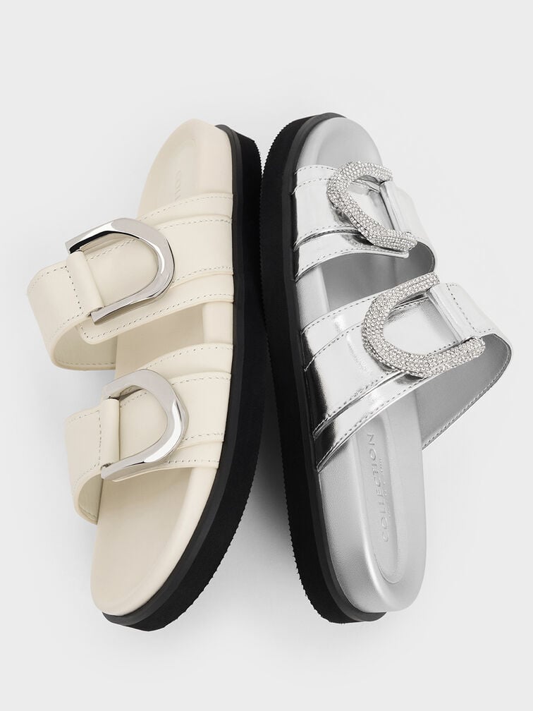 Gabine Crystal-Embellished Buckle Metallic Leather Slides, Silver, hi-res