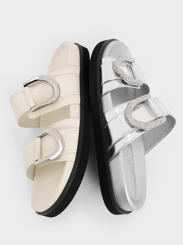 Gabine Crystal-Embellished Buckle Metallic Leather Slides, Silver, hi-res