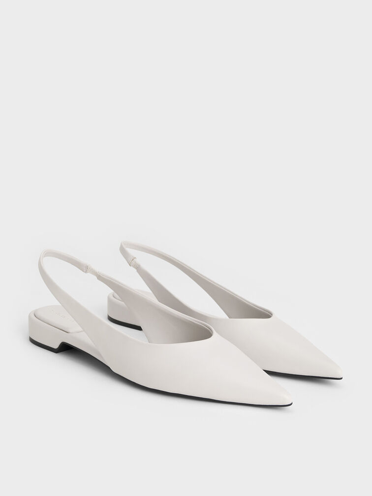 Pointed-Toe High-Vamp Slingback Flats, White, hi-res