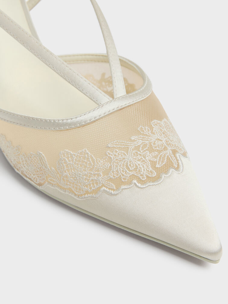 Satin Embroidered-Mesh Slingback Kitten Heels, White, hi-res